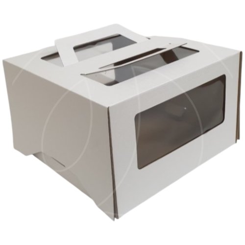 Коробка для торта с окном и ручками с ламинацией белая 26х26х20 см 