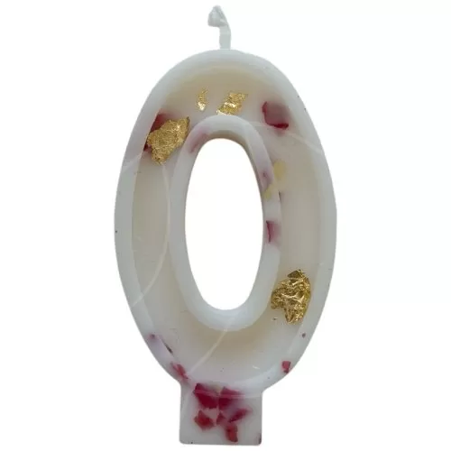 Свеча декоративная Цифра "0" Белая с розой и поталью 