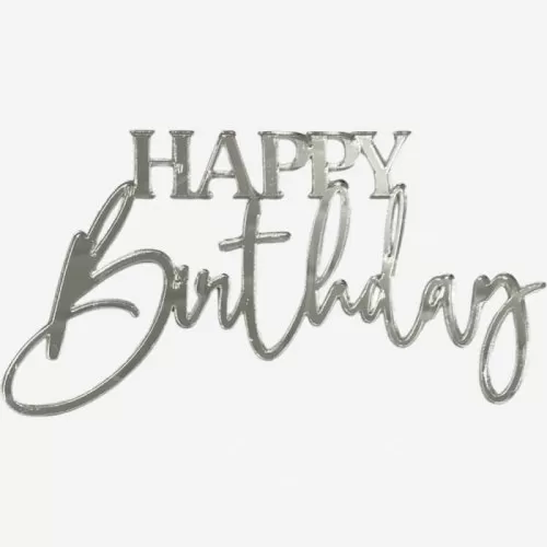 Топпер декоративный акриловый "Happy Birthday" Серебро 12х6,5 см 